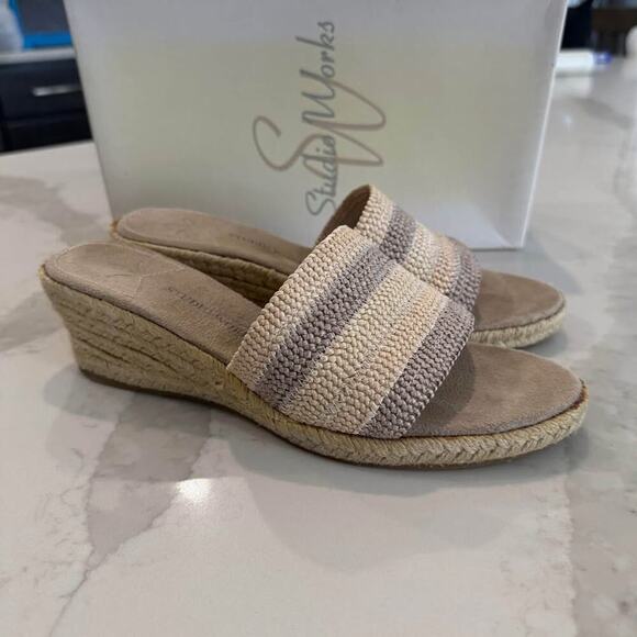 Studio Works Shoes - Studio Works Maddie Slide Espadrille Wedge Sandals Womens 8 Neutral Striped Band